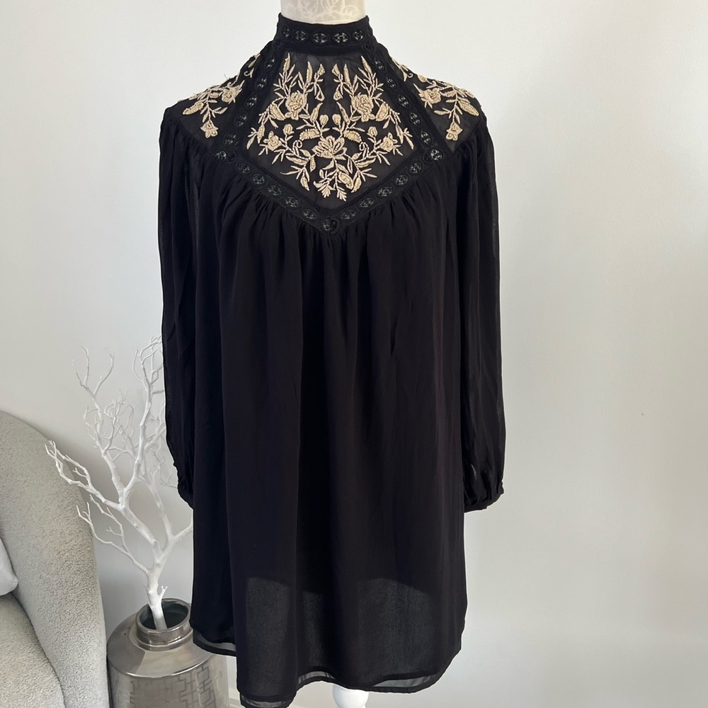 River Island black embroidered smock mini dress festival boho hippy Ibiza sz 8 - Picture 11 of 15
